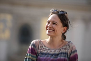 Krakow, Polonya - 29 Nisan 2019: Anna Cieslak Polonyalı film, televizyon ve sahne oyuncusu. CAMERA 2019 festivali sırasında Cracow 'da röportaj