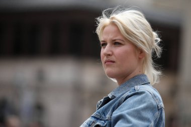 Krakow, Polonya - 29 Nisan 2019: Aleksandra Domanska Polonyalı film ve televizyon oyuncusu. CAMERA 2019 festivali sırasında Cracow 'da röportaj