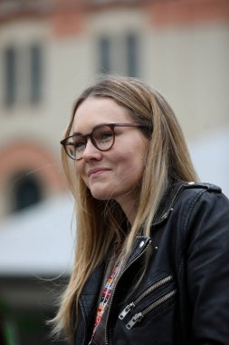 Krakow, Polonya - 29 Nisan 2019: Magdalena Lamparska Polonya filmi, televizyon ve sahne oyuncusu. CAMERA 2019 festivali sırasında Cracow 'da röportaj