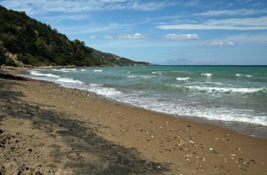 Zakynthos, Zakintos 'un kumlu plajları, İyon Denizi' ndeki Yunan adası, Peloponnese 'nin batısı, İyon Adaları' nın en büyük üçüncü takımadası.