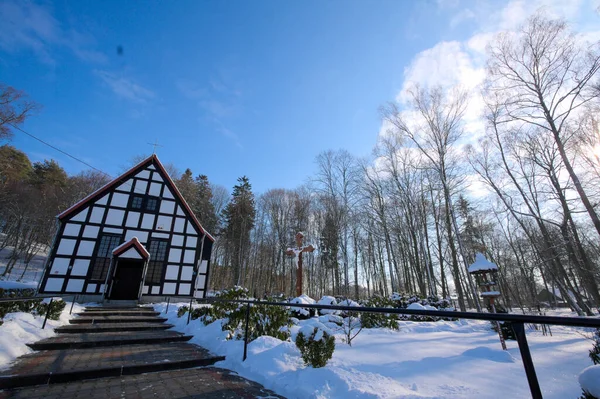 Lubno Poland Small Half Timbered Church Parish King Christ Winter — стоковое фото