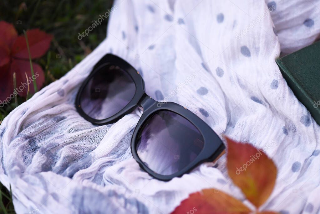 Sunglasses eyewear glasses in natural park outdoor on wooden table