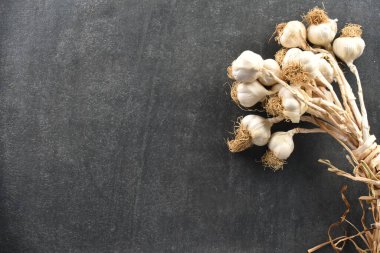 Sarımsak ve yemek için gri taş arka planda
