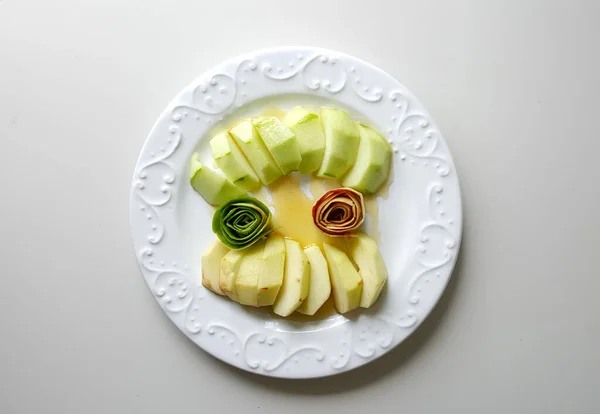 Gezonde Apple Fruit Ontbijt Plaat Tafel — Stockfoto