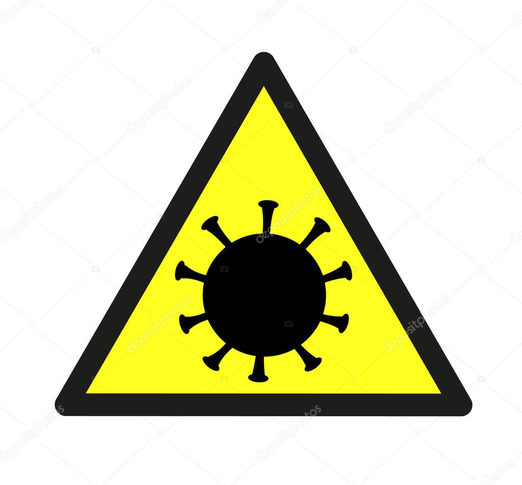 Vector danger sign. Danger sign for black coronavirus on a yellow triangle. COVID-19 virus danger sign