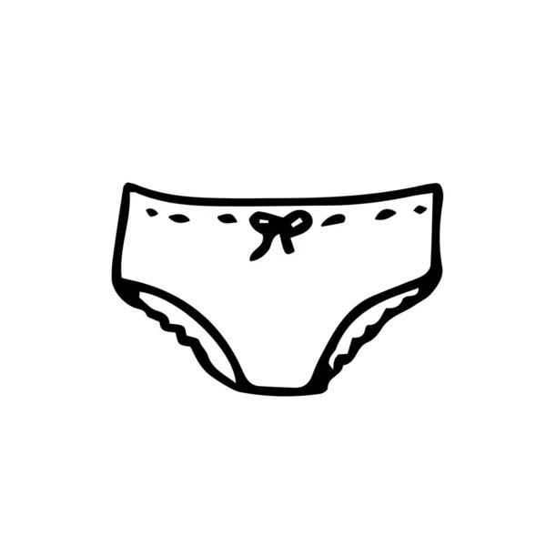 用蝴蝶结和褶子装饰女式内裤的涂鸦图 白色背景上有黑线内裤的矢量图解 — 图库矢量图片