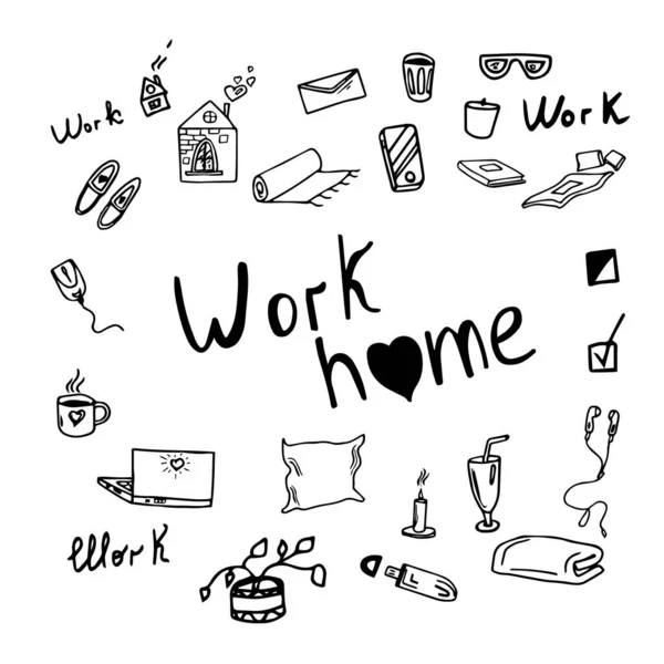 自宅での仕事のトピックに関する科目のセット トピックのリモートワーク上の要素のセットをかわす 家にいることをテーマにした多くの要素 — ストックベクタ