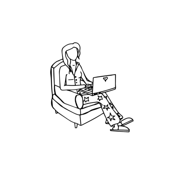 Doodle Ilustracja Zdalnej Pracy Zdjęcie Dziewczyny Siedzącej Krześle Pracującej Laptopie — Wektor stockowy