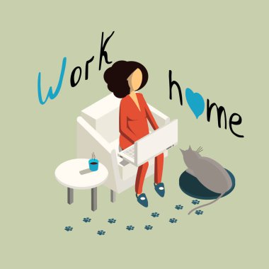 Isometry girl working at home on a laptop. Lattering work at home. Vector illustration of a girl sitting in red pajamas on a white chair, next to a table with coffee and a gray cat sleeping clipart