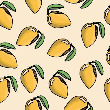 Sarı arka planda mangolu kusursuz desen. Sarı arka planda dal ve yaprak desenli mango deseni. Paketleme ve arkaplan için mango illüstrasyonu,