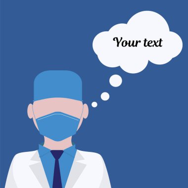 Tıbbi maskeli, kepli, sabahlıklı bir doktor diyor ki... Mesajın için yeri olan bir doktorun vektör çizimi. Sol köşede metnin altında penceresi olan bir doktorla arka plan