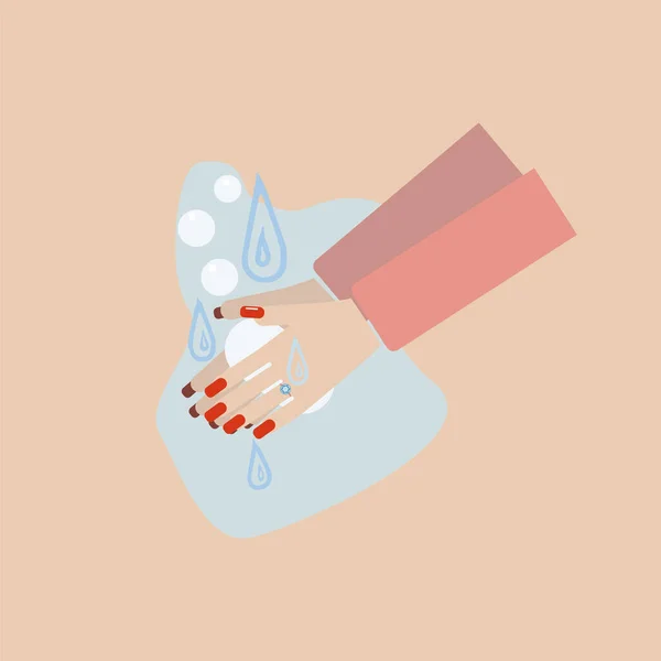 手洗いだ 女性の手を洗うのベクトルイラスト ダイヤモンドリングと赤いマニキュアを持つ女性の手 女性は石鹸で手を洗う — ストックベクタ