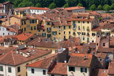 Küçük ortaçağ kasabası Lucca, Toscana (Toscany), İtalya, Avrupa 'nın havadan görünüşü. Guinigi kulesinden görüntü