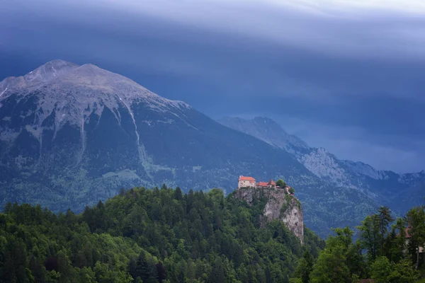 Prachtig Uitzicht Bled Meer Bled Kasteel Bij Zonsopgang Met Berg — Stockfoto