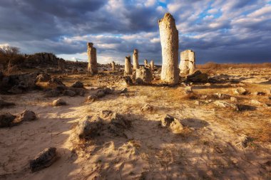 Bulgaristan 'da Varna - Pobiti kamani çevresinde fenomen kaya oluşumları. Ulusal turizm mekanı. Dik bir taş. Bulgaristan 'da Dünya sütunu