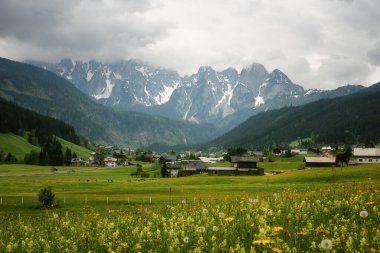Avusturya Alplerinde renkli bir açık hava sahnesi. Grosse Bischofsmutze dağlarındaki Gosau köyünde güneşli bir yaz günü, Avusturya, Avrupa.
