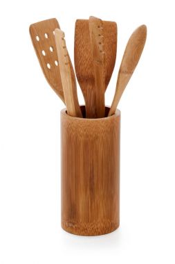 Beyaz ahşap mutfak eşyaları.