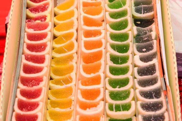 Mixed Types Traditional Turkish Jelly Candies Delight Displayed Sale Weekend — Stock Photo, Image
