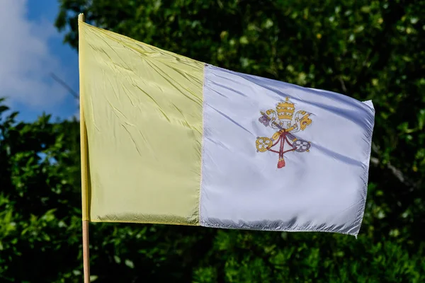 Bandeira Nacional Vaticano Soprando Vento Luz Solar Direta Direção Árvores — Fotografia de Stock
