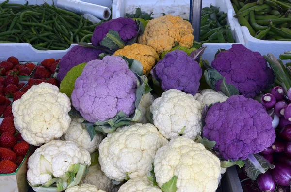 Frischer Weißer Gelber Und Lila Bio Blumenkohl Zum Verkauf Auf — Stockfoto