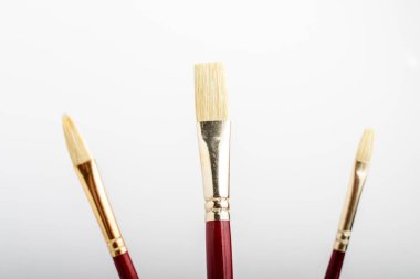 Beyaz bir stüdyo kağıdında yatay olarak izole edilmiş, yumuşak odaklı üç profesyonel boya fırçası.