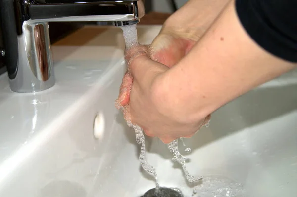 Woman Wasching Hands Soap Time Corona — Stock Photo, Image