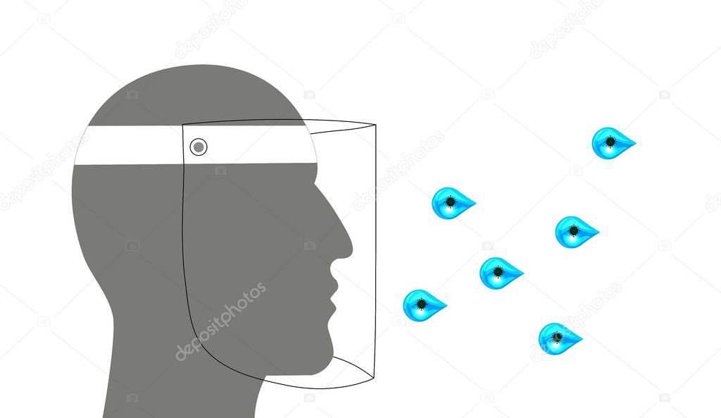 Illustration 3D of the head of a man with a visor and contaminated drops