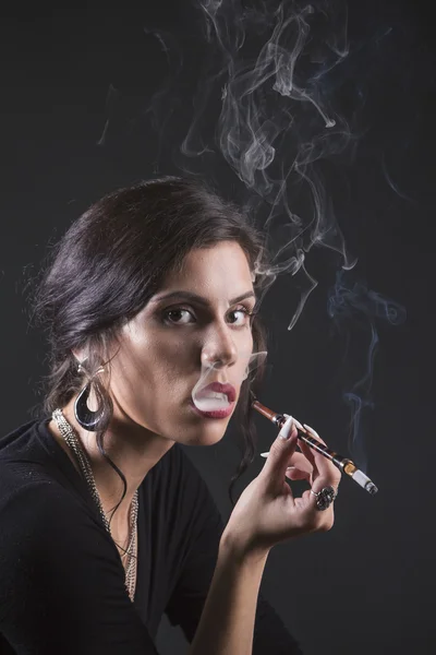 Closeup Portrait Beauty Woman Dark Clothes Smoking Cigarette Grey Studio — Stock Photo, Image