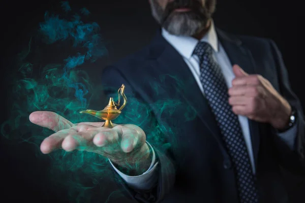 Wish Come True Senior Businessman Holding Magic Aladdin Lamp Fumes — Stock Photo, Image