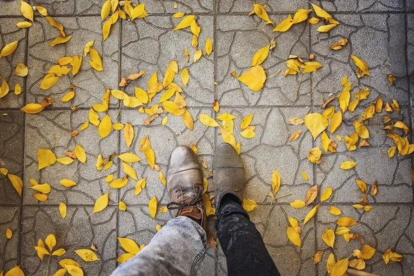 Man and woman foot standing next to each other on the ground filled with yellow fallen autumn leaves