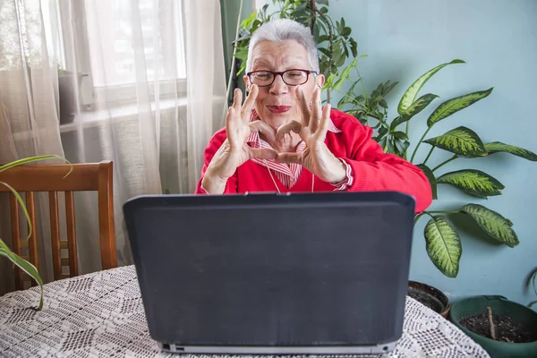 Oma met behulp van laptop, camera en telefoonhoorn voor verre verbindingen — Stockfoto