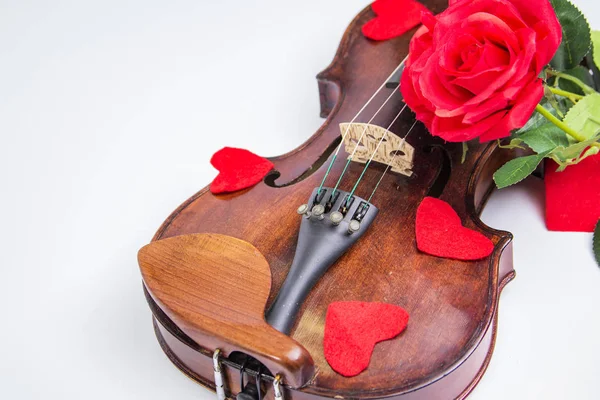 Violon Saint-Valentin recouvert de roses et de pétales de coeur — Photo