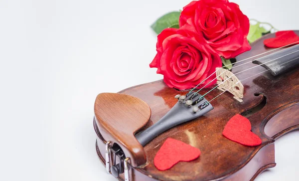 Violon Saint-Valentin recouvert de roses et de pétales de coeur — Photo