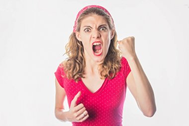 Angry young woman in red vintage dress clipart