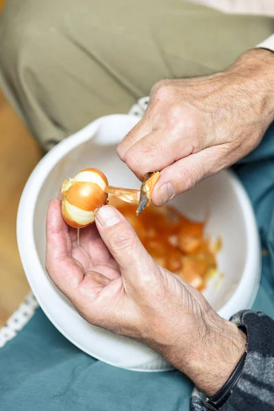 Abuelo rebanando y pelando cebolla — Foto de Stock