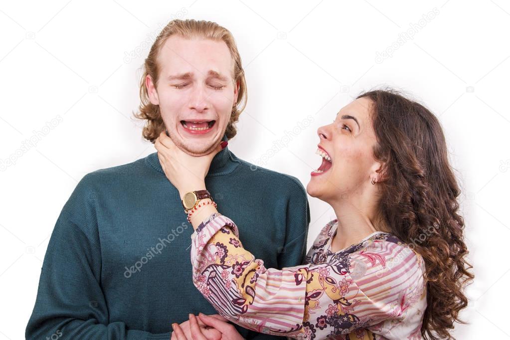 Angry wife choking her husband