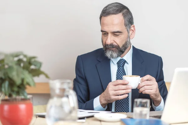 Senior Mature Business Man Having Coffee Coffee Shop Working His — Stock Photo, Image