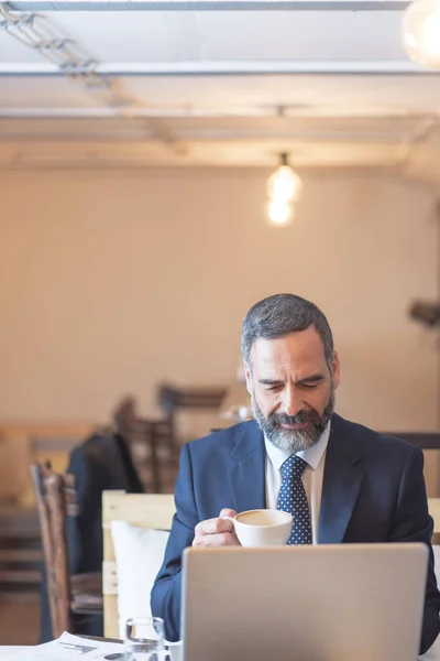 Senior Mature Business Man Having Coffee Coffee Shop Working His — Stock Photo, Image