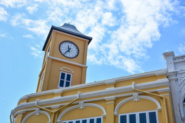 Yellow Building Clock Tower Chino Portuguese Style Blue Sky Background — Stock Photo, Image