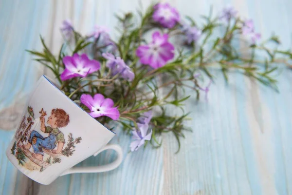 Frühlingskonzept Floraler Hintergrund Tasse Mit Rosa Und Violetten Blüten Auf Stockbild