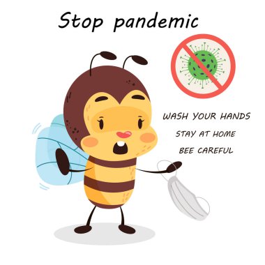 Arı karantinada, beyaz izole edilmiş arka planda. Çocuklar için salgını durdurun. Coronavirus çocuklar için uyarı işareti