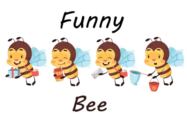 Set Four Delivery Bees White Isolated Background Cute Postman Bee — Stock Vector