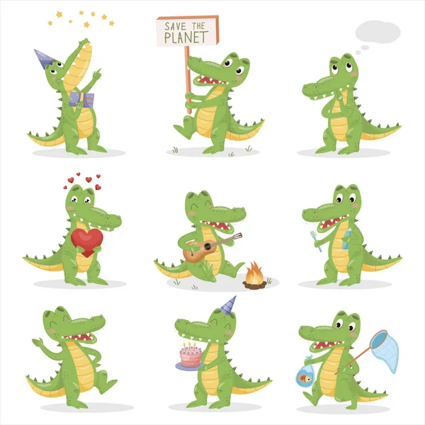 Crocodiles Mis Sur Fond Blanc Isolé Illustrations Alligators Jouant Posant — Image vectorielle