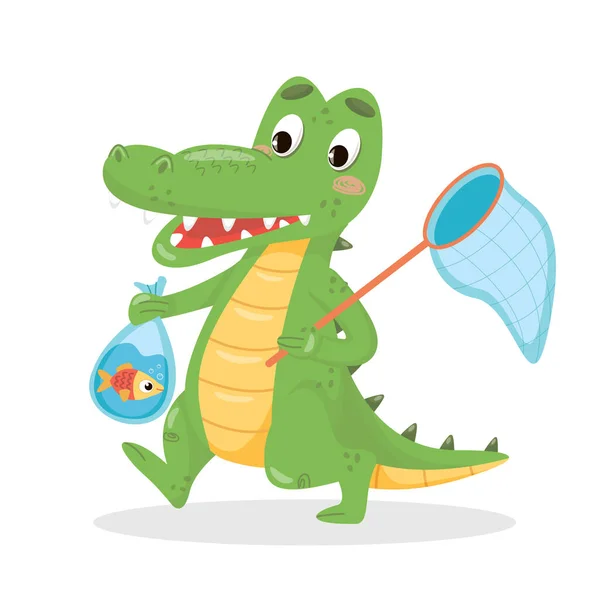 Crocodile Vecteur Tenant Poisson Filet Illustration Alligator Plat Sur Fond — Image vectorielle