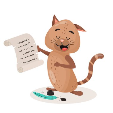 Şiir okuyan vektör kedi illüstrasyonu. Sevimli yazar kedi karakteri çizimi. Tüy ve mürekkep vektörü çizimi