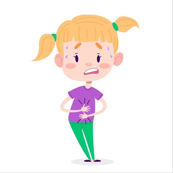 Niña Con Dolor Estómago Enfermedad Bellyaches Infantil Ilustración Plana Vectorial — Vector de stock