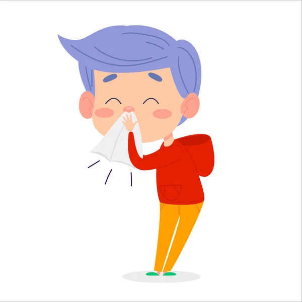 Sick Child Boy Sneeze Handkerchief Child Has Cold Allergic Symptom — Stock Vector