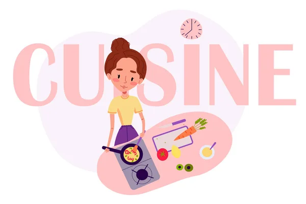 Vector Girl Makimg Cuisine Cartoon Woman Character Illustration Cooking Logo — Stock Vector