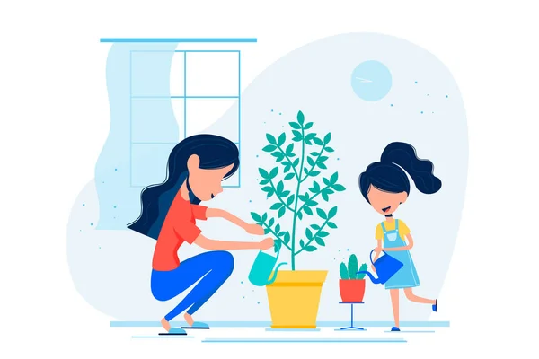 Anya Lánya Otthon Öntözik Növényeket Család Otthon Marad Együtt Töltik — Stock Vector