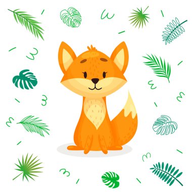 Tropikal yaprakları olan şirin bir tilki çizgi filmi. İzole edilmiş beyaz arkaplanda vektör karakter çizimi.